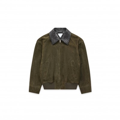 BOTTEGA VENETA INTRECCIATO LEATHER-TRIMMED SUEDE BOMBER JACKET